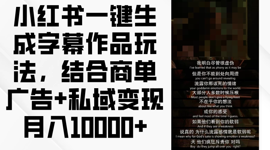 小红书一键生成字幕作品玩法，结合商单广告+私域变现月入10000+ - 项目资源网 - 项目资源网