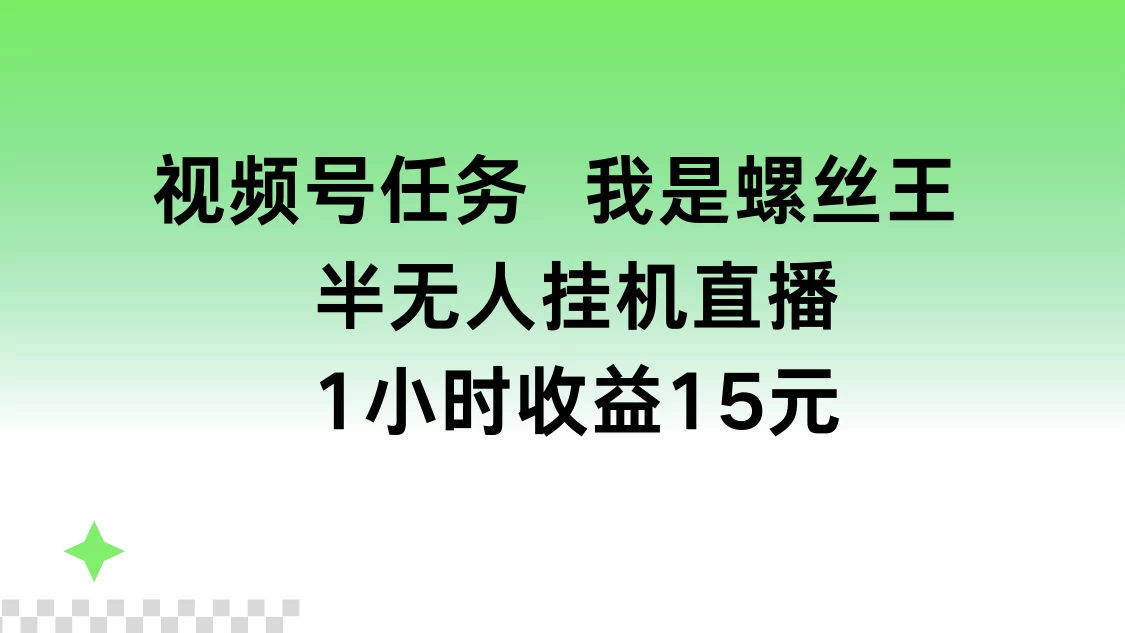 视频号任务，我是螺丝王， 半无人挂机1小时收益15元 - 项目资源网 - 项目资源网