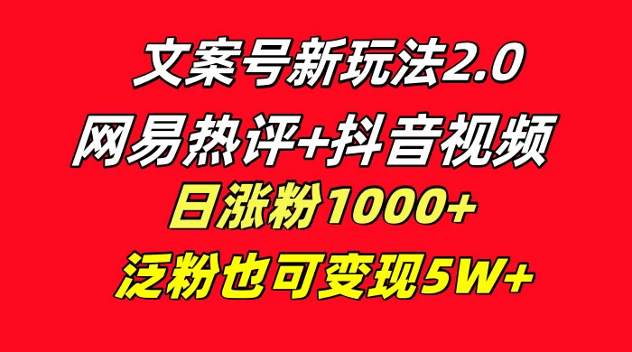 文案号新玩法，网易热评+抖音文案 一周轻松涨粉 5W+ 多种变现模式 - 项目资源网 - 项目资源网