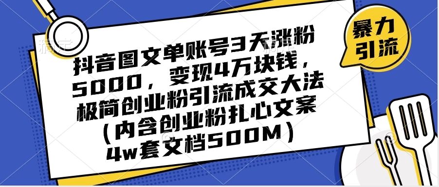 抖音图文单账号 3 天涨粉 5000，变现 4 W，极简创业粉引流成交大法（内含扎心文案） - 项目资源网 - 项目资源网