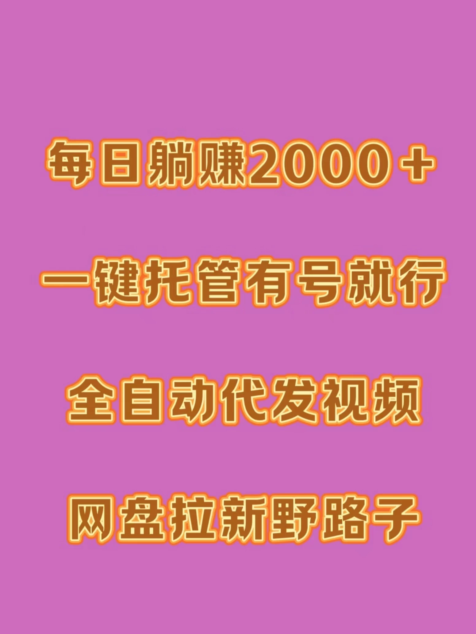 每日躺赚2000＋，一键托管有号就行，全自动代发视频，网盘拉新野路子 - 项目资源网 - 项目资源网